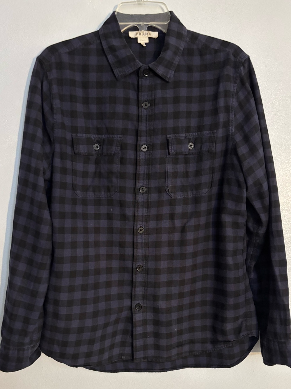 Frame Denim Black and Navy Plaid Button-Down Shirt, long sleeve